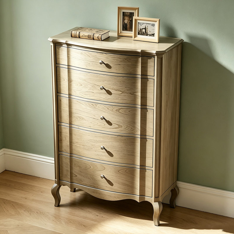 Commode 5 tiroirs en bois massif taupe antique