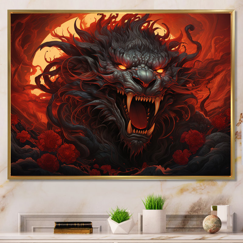 L'hindouisme Rakshasas, éclipse spirituelle traditionnelle sur toile, 24" H x 32" W, Encadrement doré