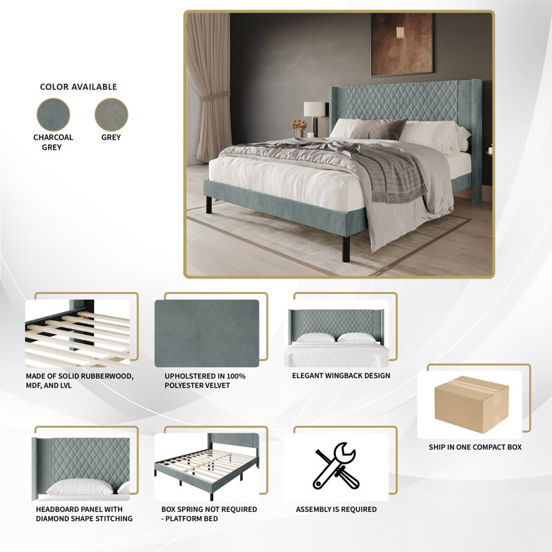 Velvet Platform Wingback Bed , Queen, Gray