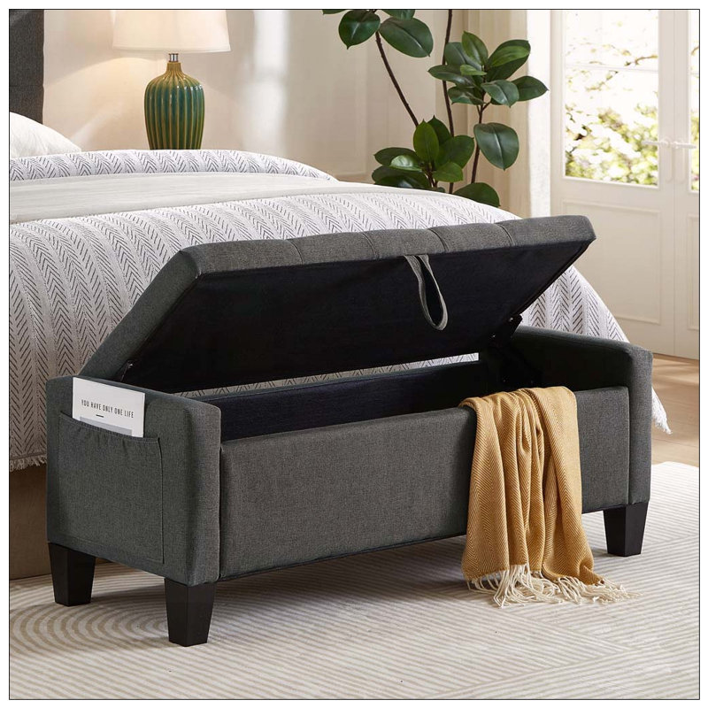 Repose-pieds avec rangement, banc de repose-pieds avec charnière de sécurité, poids de 350 lb, Gris foncé - lin