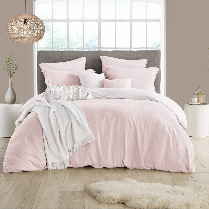 Ultra Soft Reversible Crinkle Washed Microfiber Duvet Cover Set, Full/Queen Duvet Cover + 2 Pillow Case, Pale Pink/White