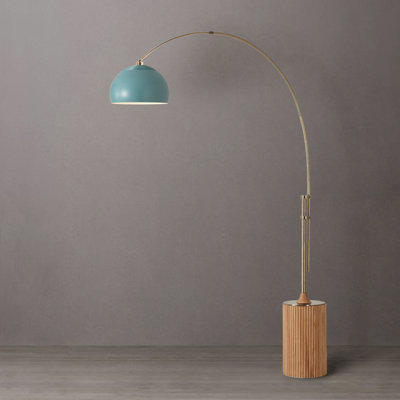 Tambo Half Dome 92"H 1-Light Arc Lamp, Pool Blue Half-Dome Shade, Weathered Brass Body, Light Wood Base, Dimmable, for Living Room or Bedroom