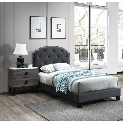 Cadre de lit simple de taille européenne, gris anthracite, bouton, toile de jute, support central, sans sommier tapissier avec cadre gris anthracite