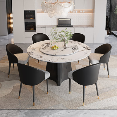 Dining Table Set For 6 Person, 51'' Round Faux Marble Table Top With Lazy Susan And Dining Chairs