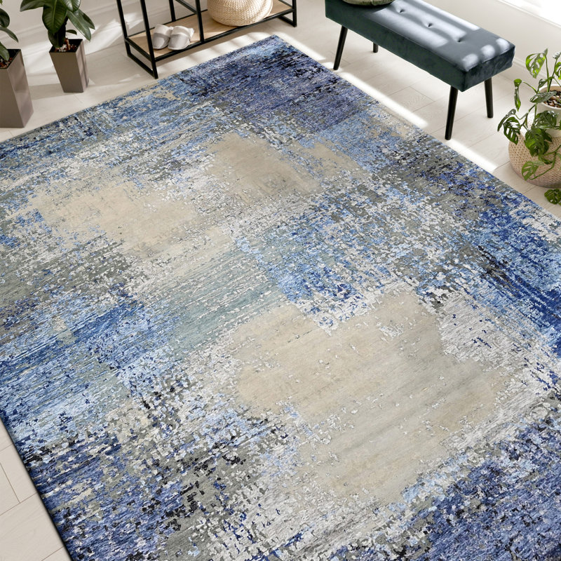 High-Quality Hand-Knotted Beige And Blue Area Rug, Rectangle 6' x 9'