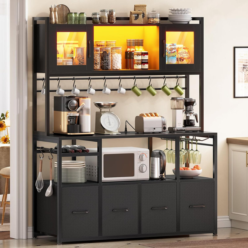 Bakers Rack With Power Outlet And Led Light 47.2'' Microwave Stand With Storage, Black
