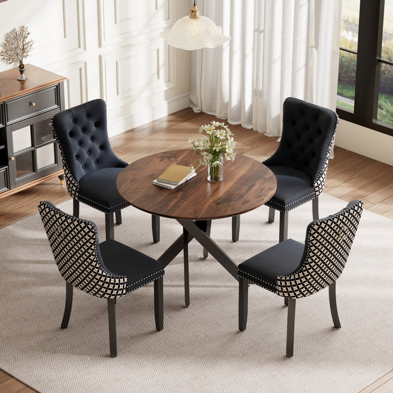 Round Wood Dining Set with Tufted Dining Chair, Beige, 5, Brown/Black