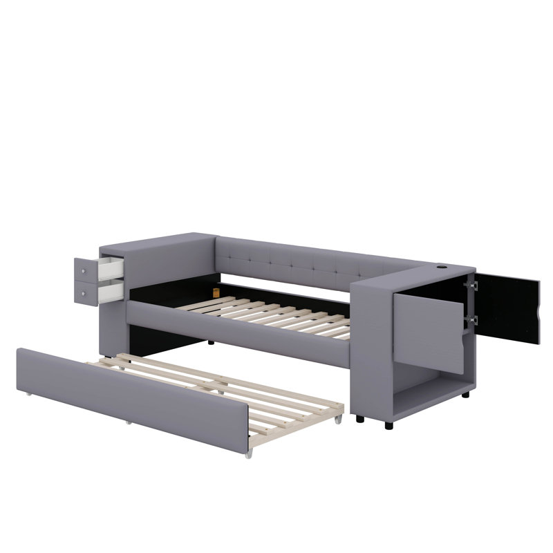 Lit simple tapissier avec rangement, lit gigogne et ports de chargement USB, Gris