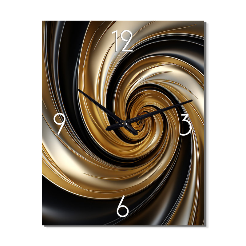 Tourbillon spirale abstrait or liquide et noir - Très grandes horloges murales spirales abstraites