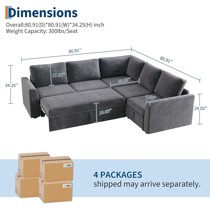 Sectional Sleeper Sofa With Pull Out Bed, Chenille Modular Sectional Sofa L Shaped Couch With Pull Out Couch, Gray Chenille 