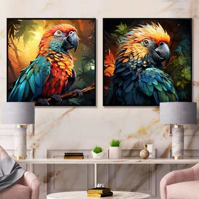 «Orange and Blue Jungle Parrot Paradise I», ensemble de 2 reproductions d'art mural