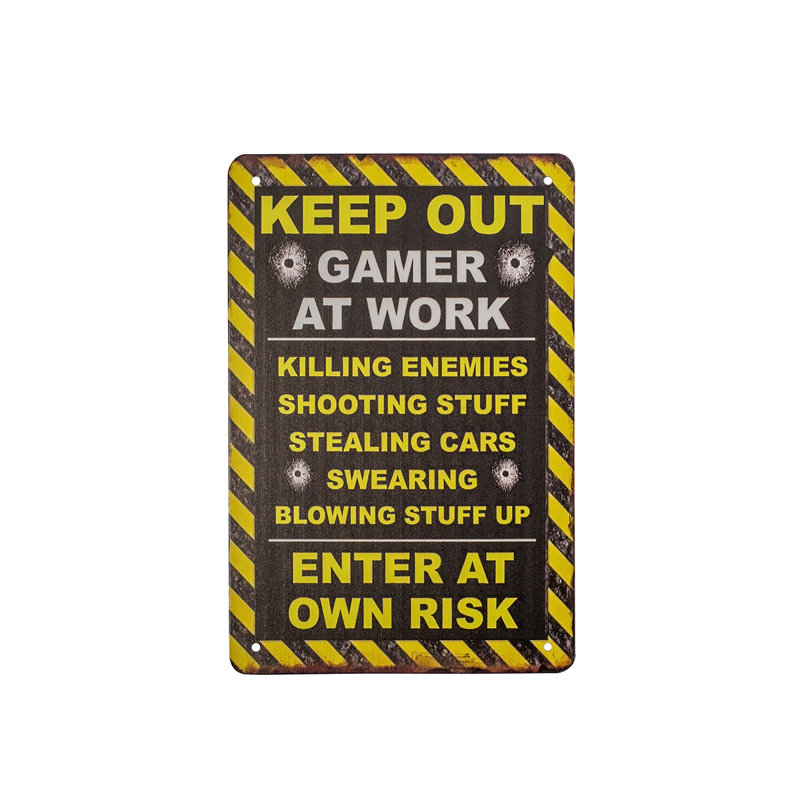 Caution Keep Out Gamer At Work Metal Wall Sign Funny Dorm Bedroom Man Cave Decor