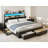 King Size Bed Frame With 4 Storage Drawers, Upholstered Platform Bed With Led Lights, Hidden Storage Headboard, Charging Station, No Box Spring Needed, Solid Wood Slats, Noise Free, Black-20985138-20985150