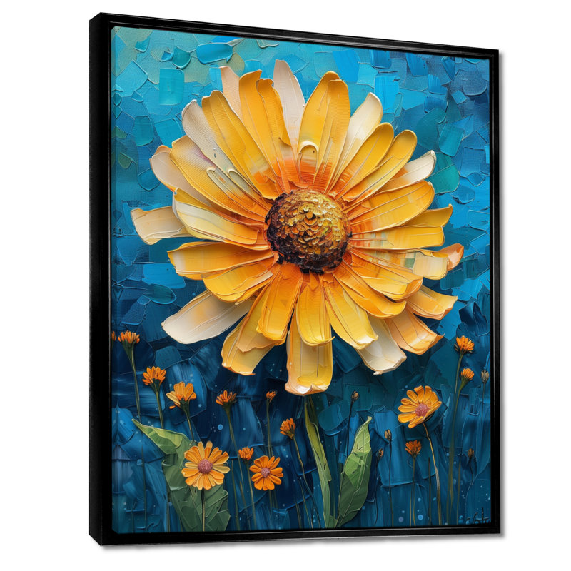Fleur de pissenlit jaune et bleu en fleurs I - Dandelion Wall Art Living Room, Cadre flottant noir