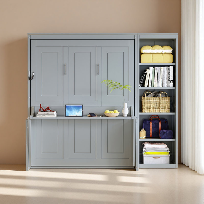 Lit escamotable avec bureau et bibliothèque Murphy, Lit double , Gris