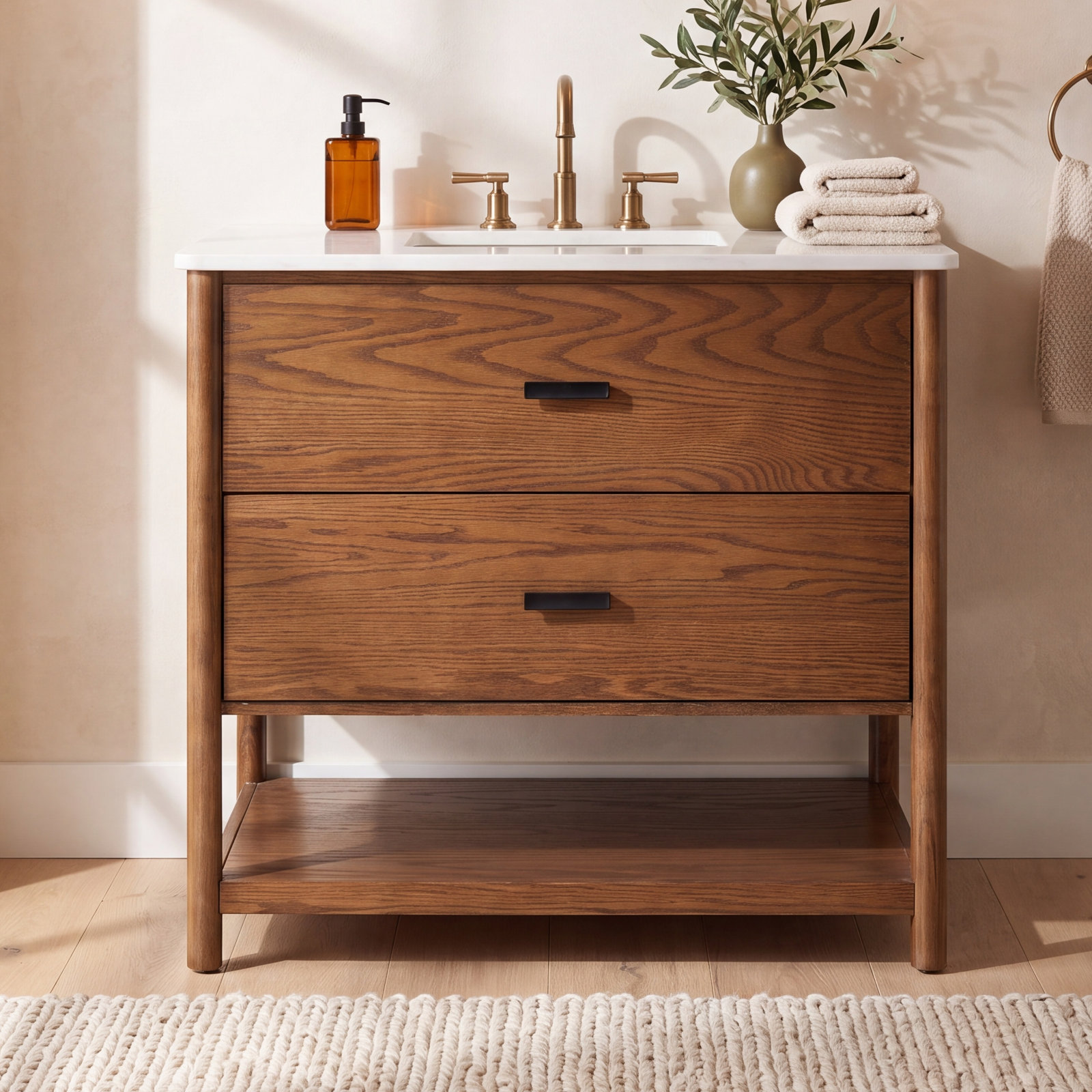 Kaplan 36" Genuine Marble Single Bathroom Vanity, Medium Oak