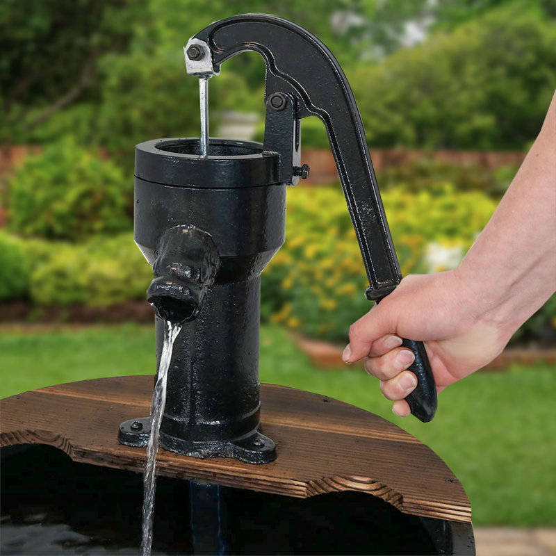Wood Barrel Weather-Resistant Brown 2-Tier Outdoor Water Fountain with Hand Pump