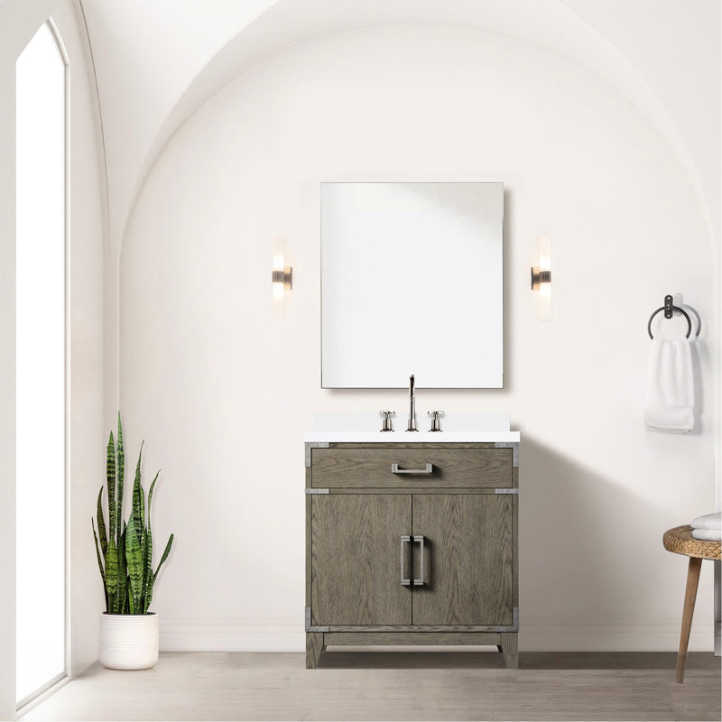 30 po L x P 22 po. Meuble-lavabo de salle de bain en chêne gris avec comptoir en quartz blanc poli à la main et robinet, Gris