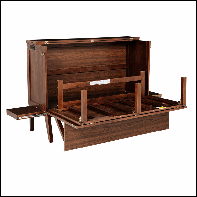 Lit escamotable en pin massif avec port USB et tablettes amovibles, parfait pour le bureau personnel et la chambre d'amis