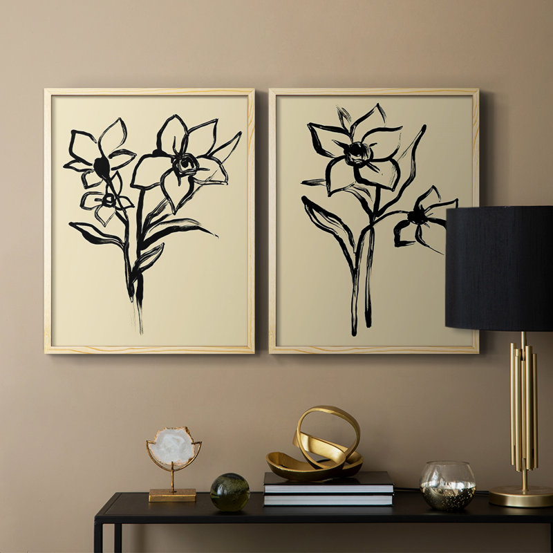Encre florale I-Premium, impression encadrée - prête à être accrochée - aucun clou requis - aucun clou requis, Bois naturel