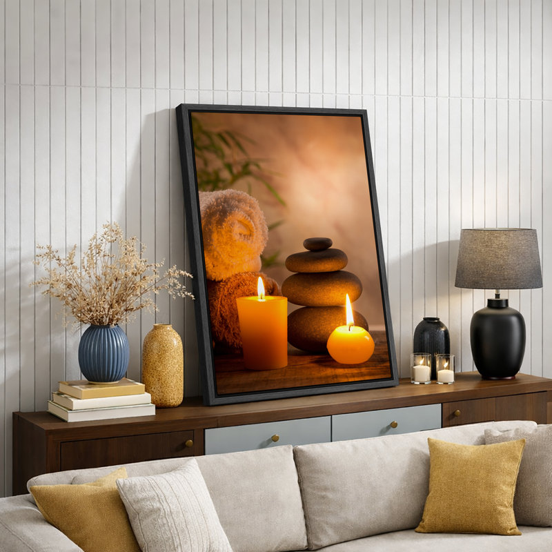 «Zen Stones Massage Spa with Warm Burning Candle», impression verticale sur toile, art mural, H 36 po x l 24 po