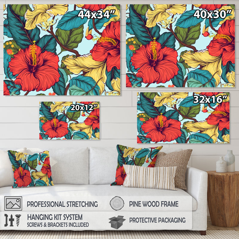 Corail sarcelle, hibiscus tropical harmonie II sur toile, H 24 po x l 32 po x P 1 po, Cadre simple argenté