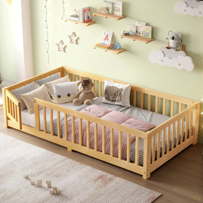 Twin Size Bed Floor Bed With Safety Guardrails And Door For Kids