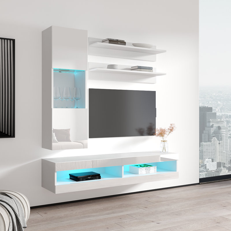 Lomas 63" Modern Floating Wall Mounted Entertainment Center with 16-Color LED Lighting, High Gloss Finish, White