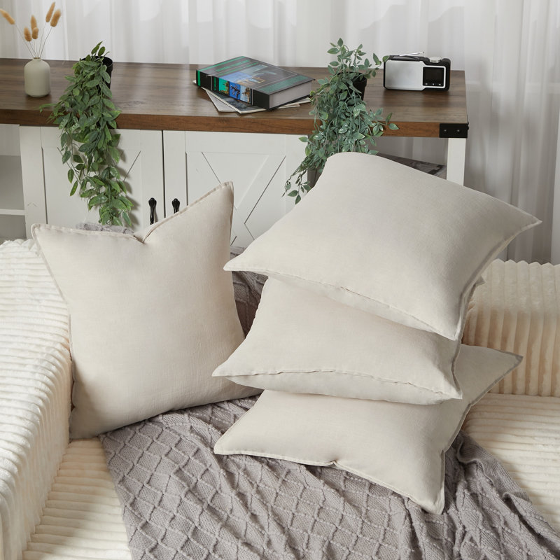 Ensemble de 4 housses de coussins décoratifs, lin naturel 18 x 18 po, kaki, Kaki
