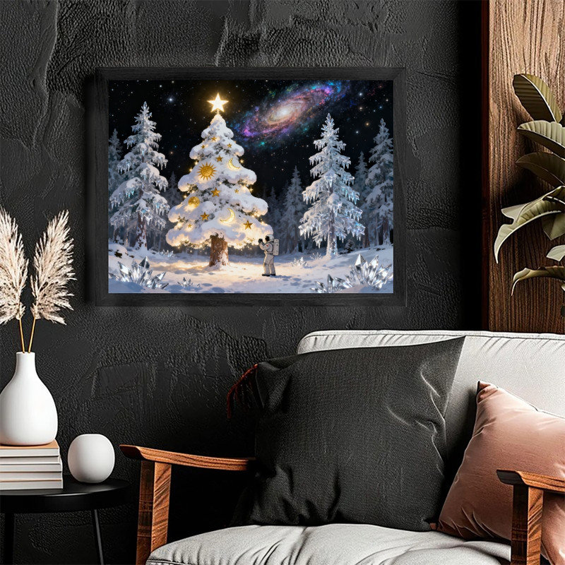Art mural arbre de Noël fantaisiste noir encadré - Forêt enchantée enneigée, décorations festives, H 9 po x l 11 po