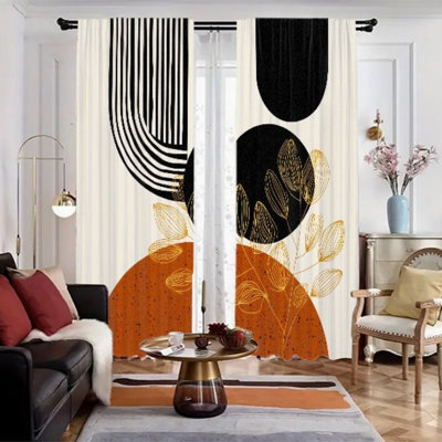2Pcs Abstract Geometric Curtains, Mid Century Modern Boho Floral Pattern Light Filtering Rod Pocket Window Drapes for Living Room Bedroom Kitchen Home Decor, wall,