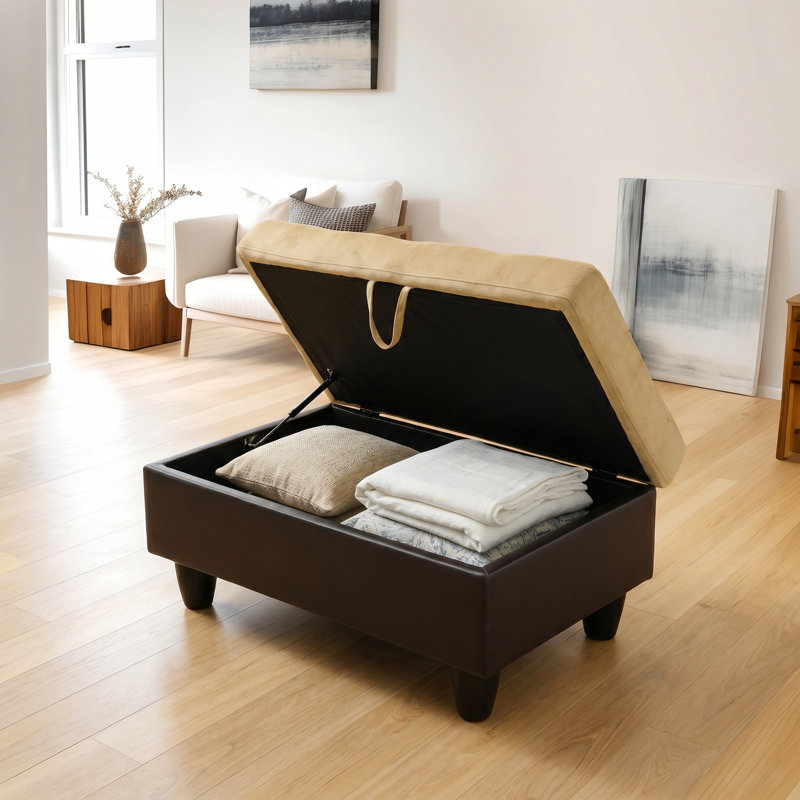 Repose-pieds de rangement moderne en similicuir capitonné beige à deux tons, tabouret avec repose-pieds avec base brun foncé et pieds en bois massif, banc de rangement rectangulaire rembourré pour salon
