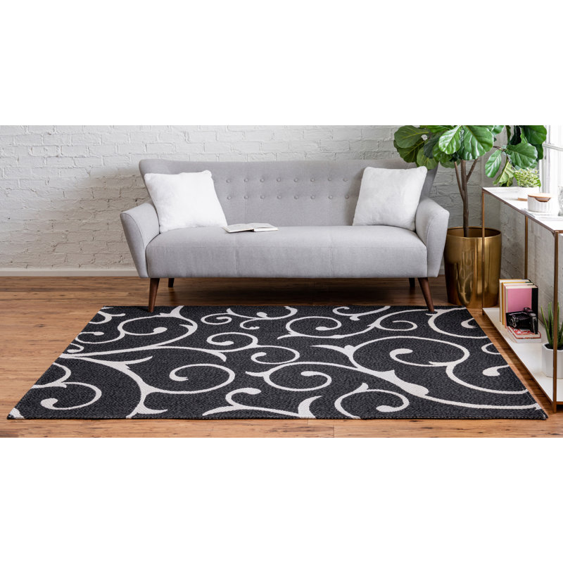 Tapis noir / ivoire en coton damassé, Rectangle 7 pi 5 po x 10 pi