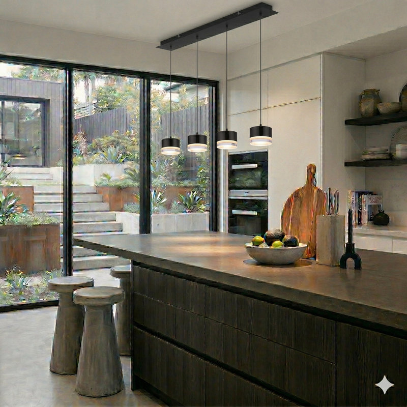 Luminaire suspendu linéaire à 4 lumières pour îlot de cuisine Barnsdall, Noir mat