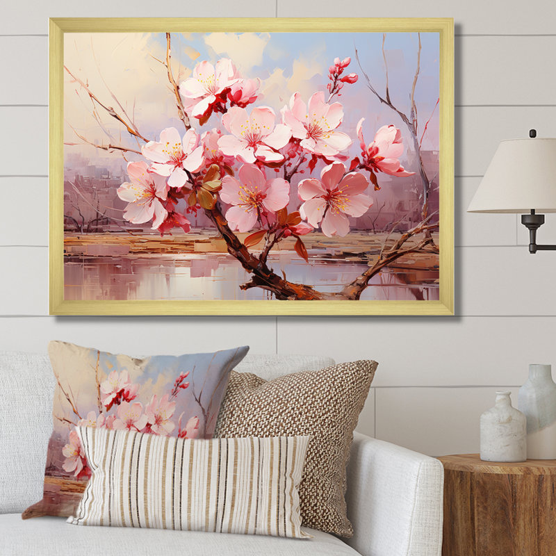 «Pink Whispering Cherry Blossoms II», art mural fleurs, H 12 po x l 20 po x P 1 po, Cadre doré à coins fermés