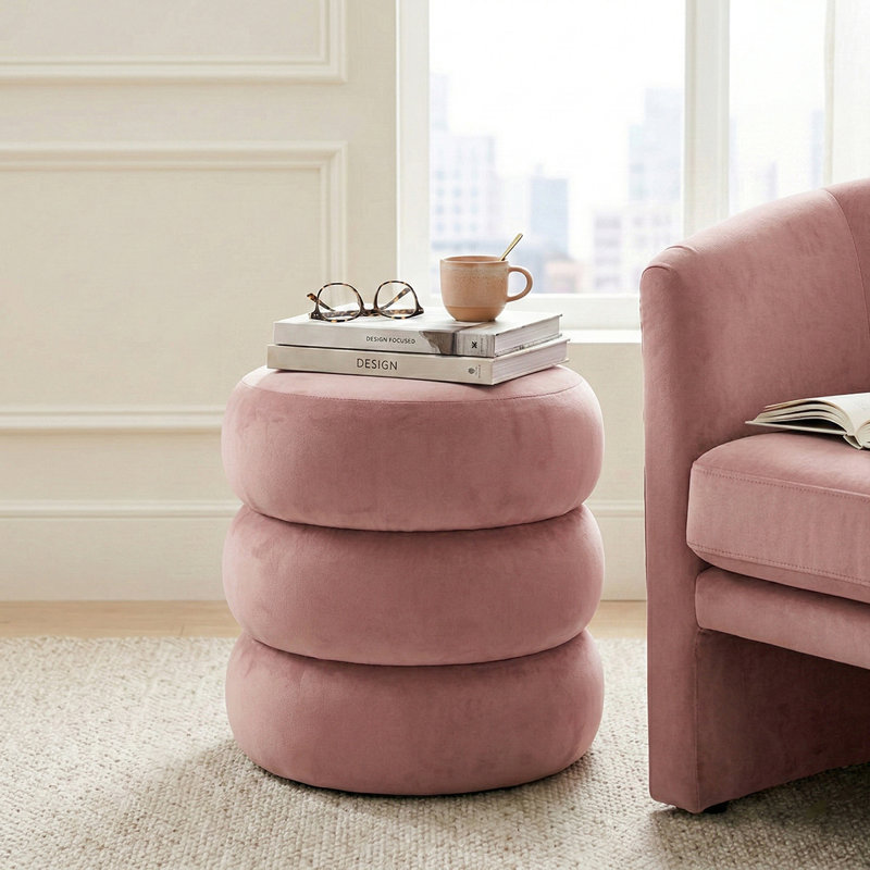 19.5" W Modern Round Velvet Side Table,Upholstered Nightstand, Rose