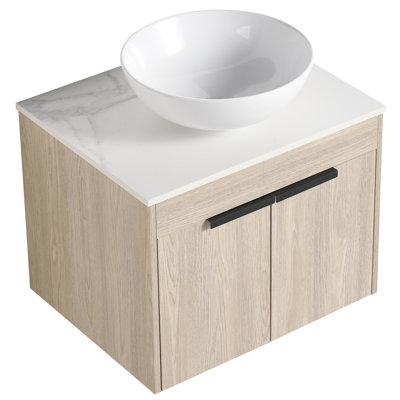 Bathroom Vanity With Ceramic Art Basin. Wall Mounted White Oak Soft-Close Door And Sufficient Storage. 24" Vanity. Basin Soft Close For A Calm Bathroom. Ample