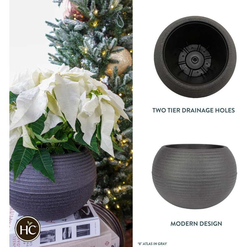  8 Inch Atlas Sphere Planter, Round Plastic Plant Pot, Gray, Gray