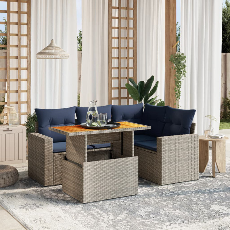 Ensemble de canapé de patio 5 pièces avec coussins en rotin de polyester, Gris, Marine