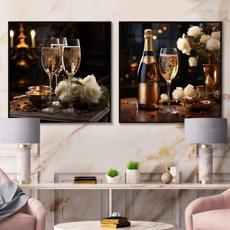 Classic Elegance II - Ensemble de 2 collages carrés vin et champagne, H 30 po x l 61 po, Cadre flottant noir