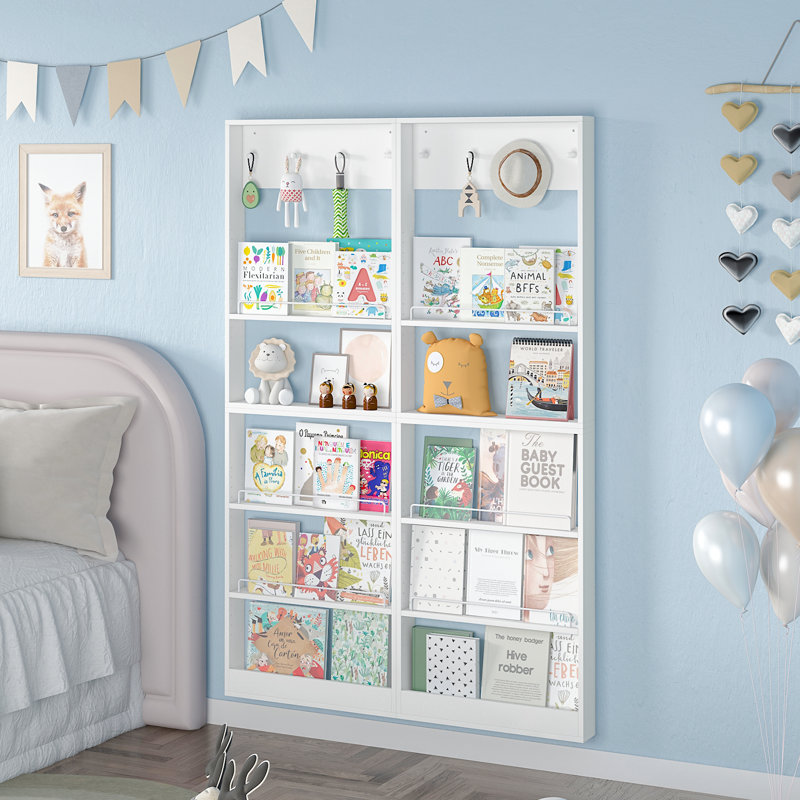  Wall-Mounted Floating Bookshelf, 5-Tier Adjustable Shelf with Metal Guards and Hooks, Stackable Modular Design, White
