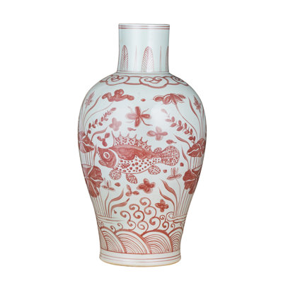 23 in H Coral Red Baluster Vase Plum Tree Motif Small Porcelain