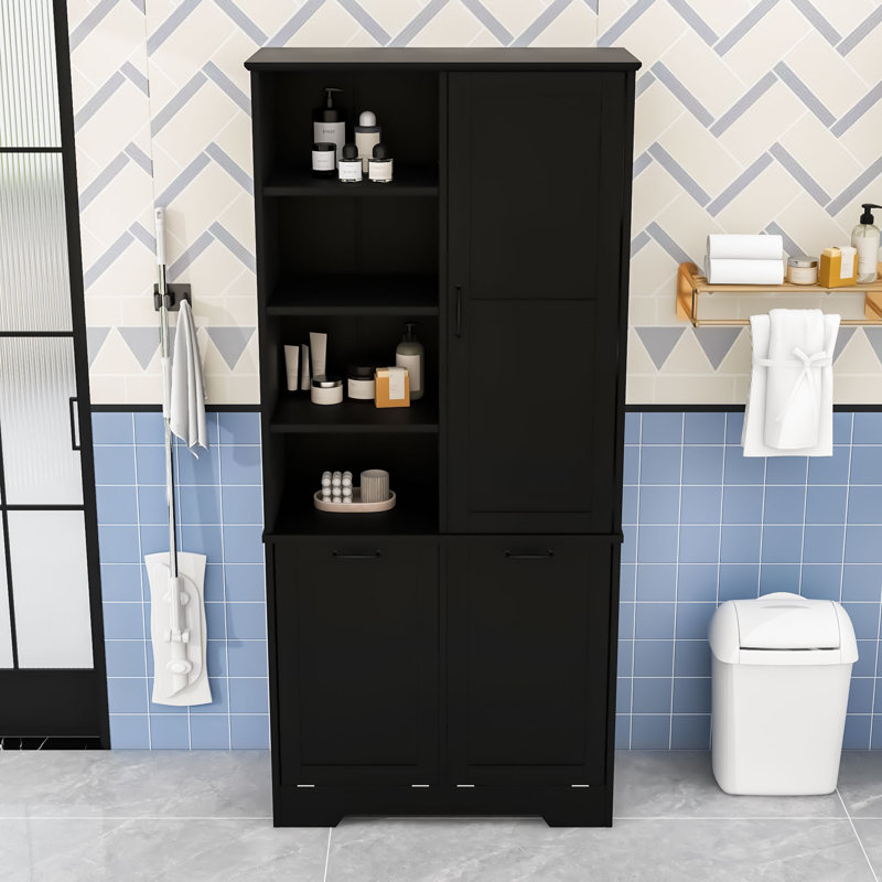 Multi-Functional Storage Cabinet with Adjustable Shelves and Tilt-Out Laundry Hampers, Black