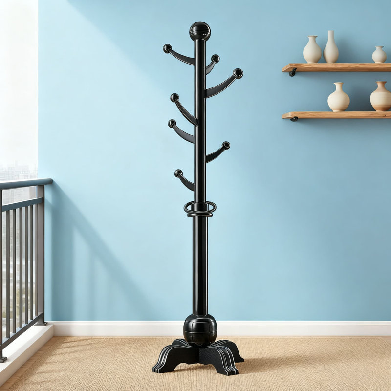 Portemanteau autoportant en bois avec 7 crochets, support pour arbre d'entrée robuste avec base stable à 4 pieds, capacité de 210 lb pour l'entrée, le couloir et l'organisation de la chambre à coucher