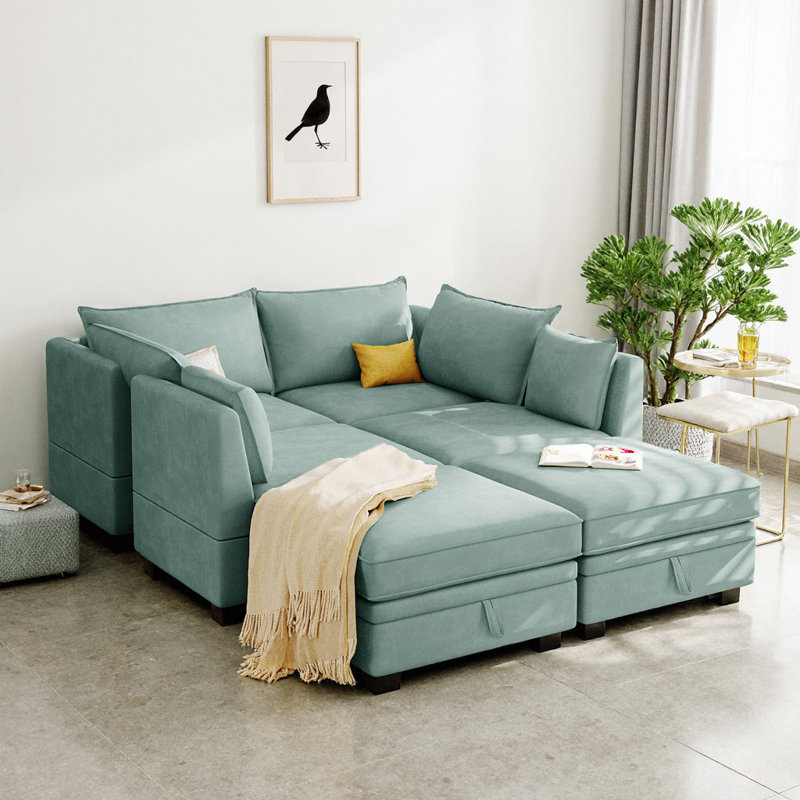 115" U-Shape Modular Sectional Sofa Bed | Light Green Linen, 6 Hidden Storage Seats + Reversible Chaise, Convertible Sleeper, 220 lb/Seat
