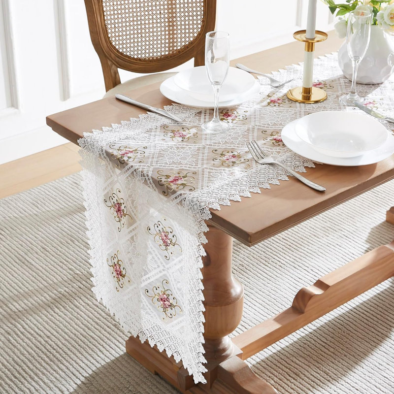 Rushad Runner Floral Lace Table Runnner, 16" W x 72" L, White