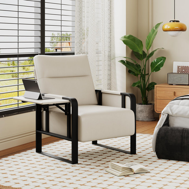 Whole Metal Frame Upholstered Accent Chair With Side Tray Table, Beige Faux Leather