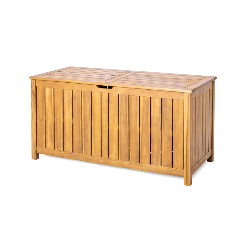 Coffre de terrasse spacieux en bois d'acacia avec ventilation à lattes, couvercle à charnières et construction résistante aux intempéries pour le rangement extérieur.