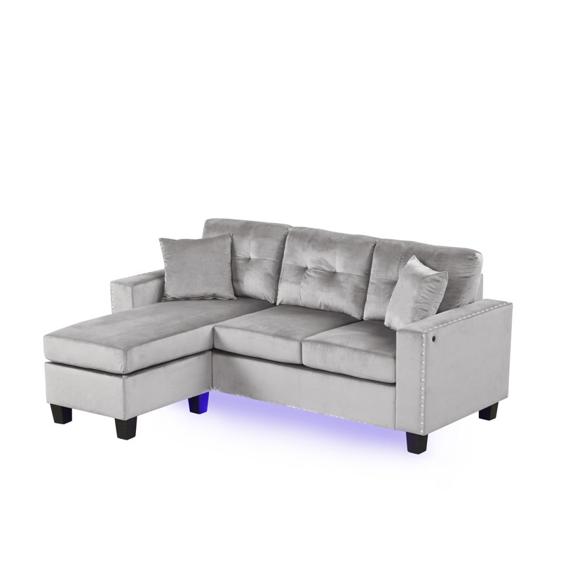 Canapé modulaire réversible en velours gris de 74 po avec lumière DEL Sorenza, Velours gris velours