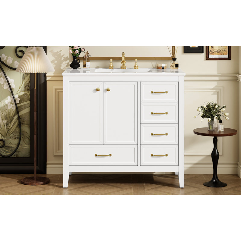 Meuble-lavabo 36 po avec lavabo en céramique, structure en pin massif, finition blanche, tiroirs, solution de rangement multiple pour 36 po en blanc, avec bois, conception lisse, 4 tiroirs